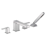 Chrome roman tub faucet with two lever handles, spout, and detachable handheld showerhead on white background.