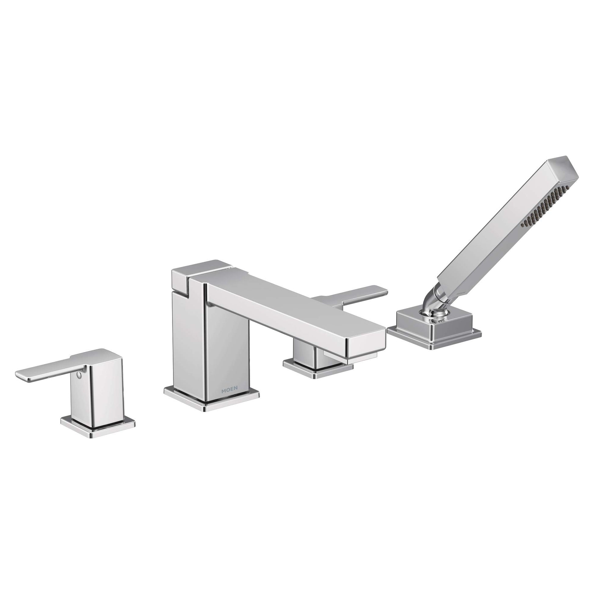 Chrome roman tub faucet with two lever handles, spout, and detachable handheld showerhead on white background.