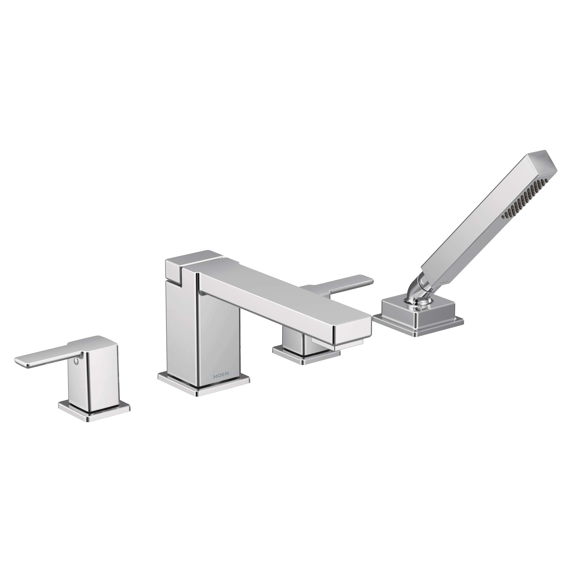 Chrome roman tub faucet with two lever handles, spout, and detachable handheld showerhead on white background.