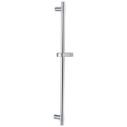 Chrome shower slide bar with adjustable bracket and mounting points, vertical orientation.