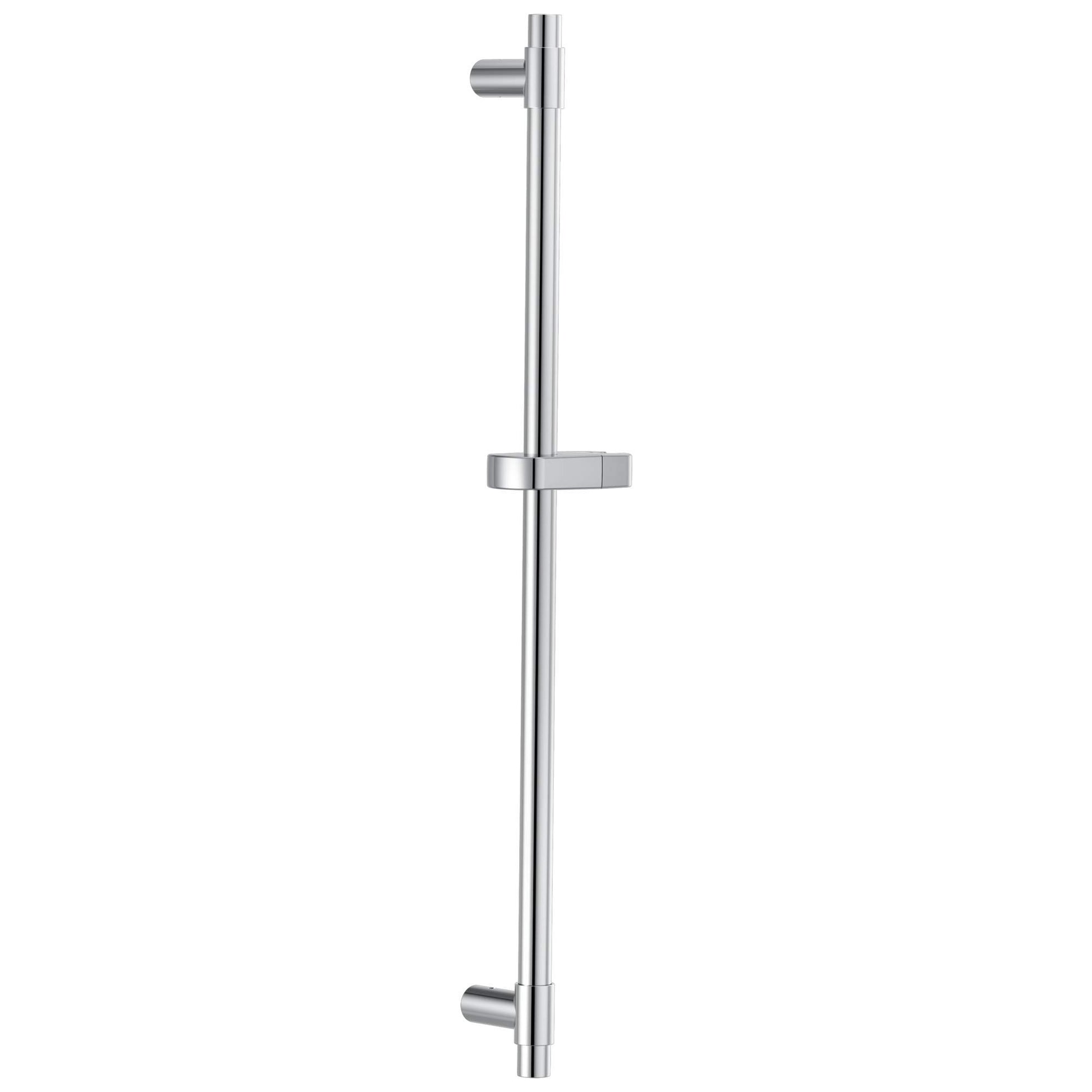 Chrome shower slide bar with adjustable bracket and mounting points, vertical orientation.