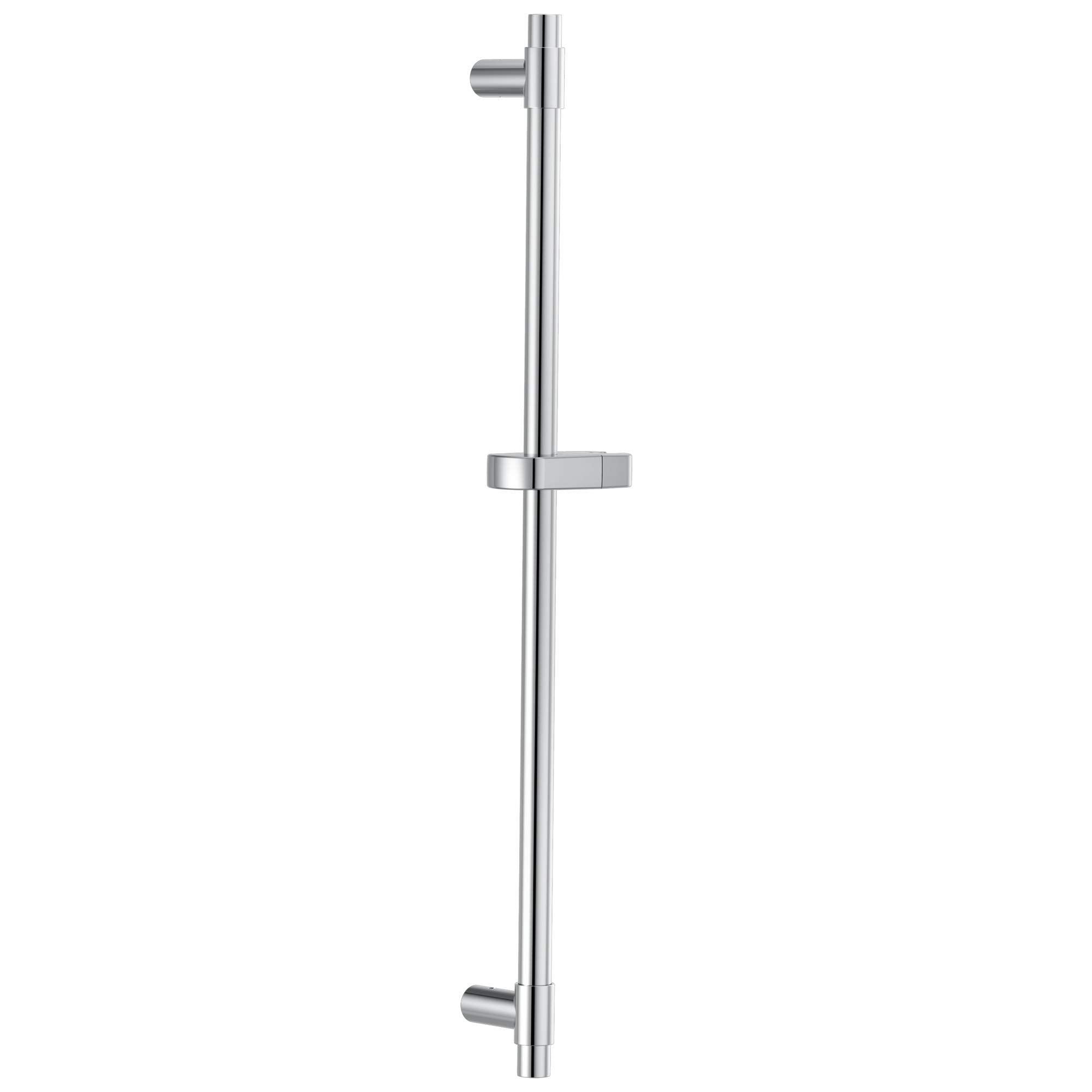 Chrome shower slide bar with adjustable bracket and mounting points, vertical orientation.