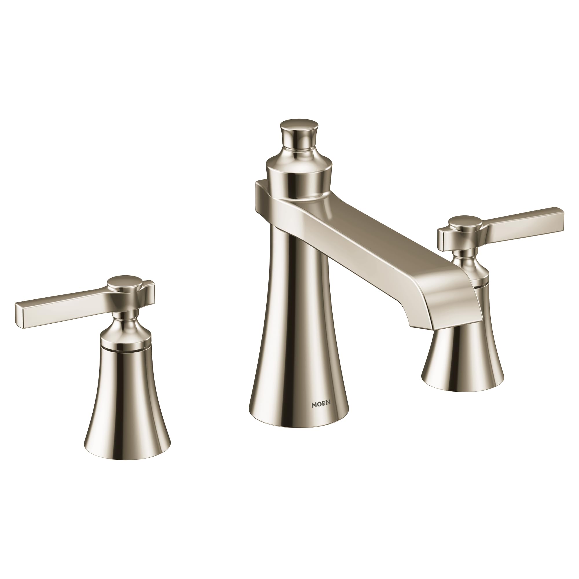 Polished nickel three-piece roman tub faucet with two lever handles and tapered cone-shaped base units.