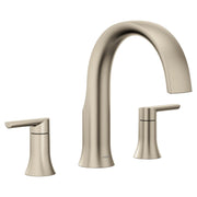 Brushed nickel two-handle roman tub faucet with arched spout and lever handles on each side.