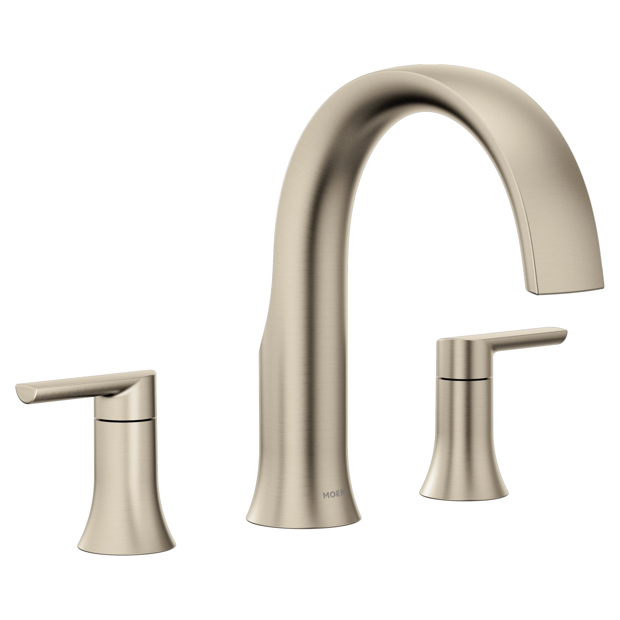 Brushed nickel two-handle roman tub faucet with arched spout and lever handles on each side.
