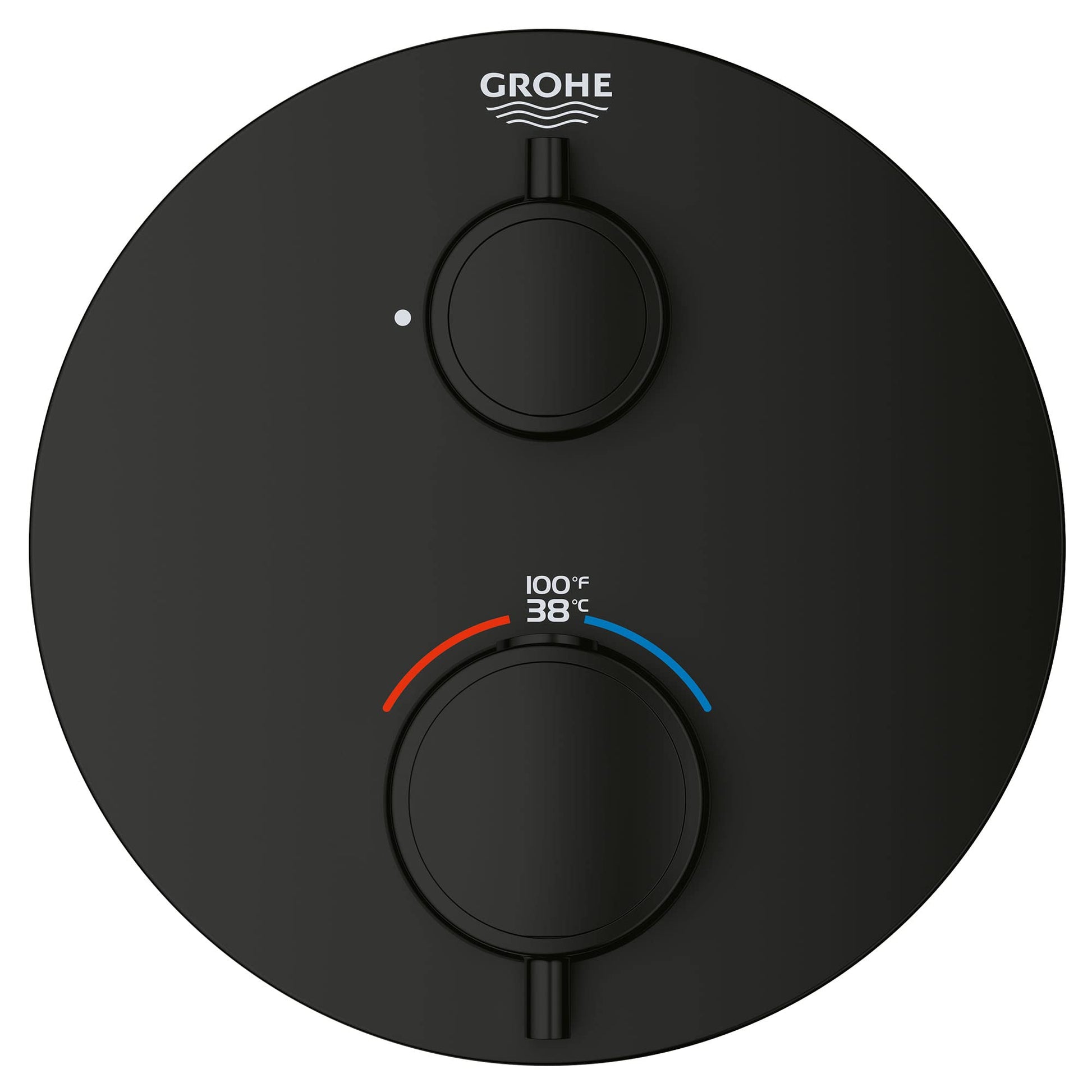 Matte black circular thermostatic valve trim with two round handles and temperature display showing 100°F and 38°C.