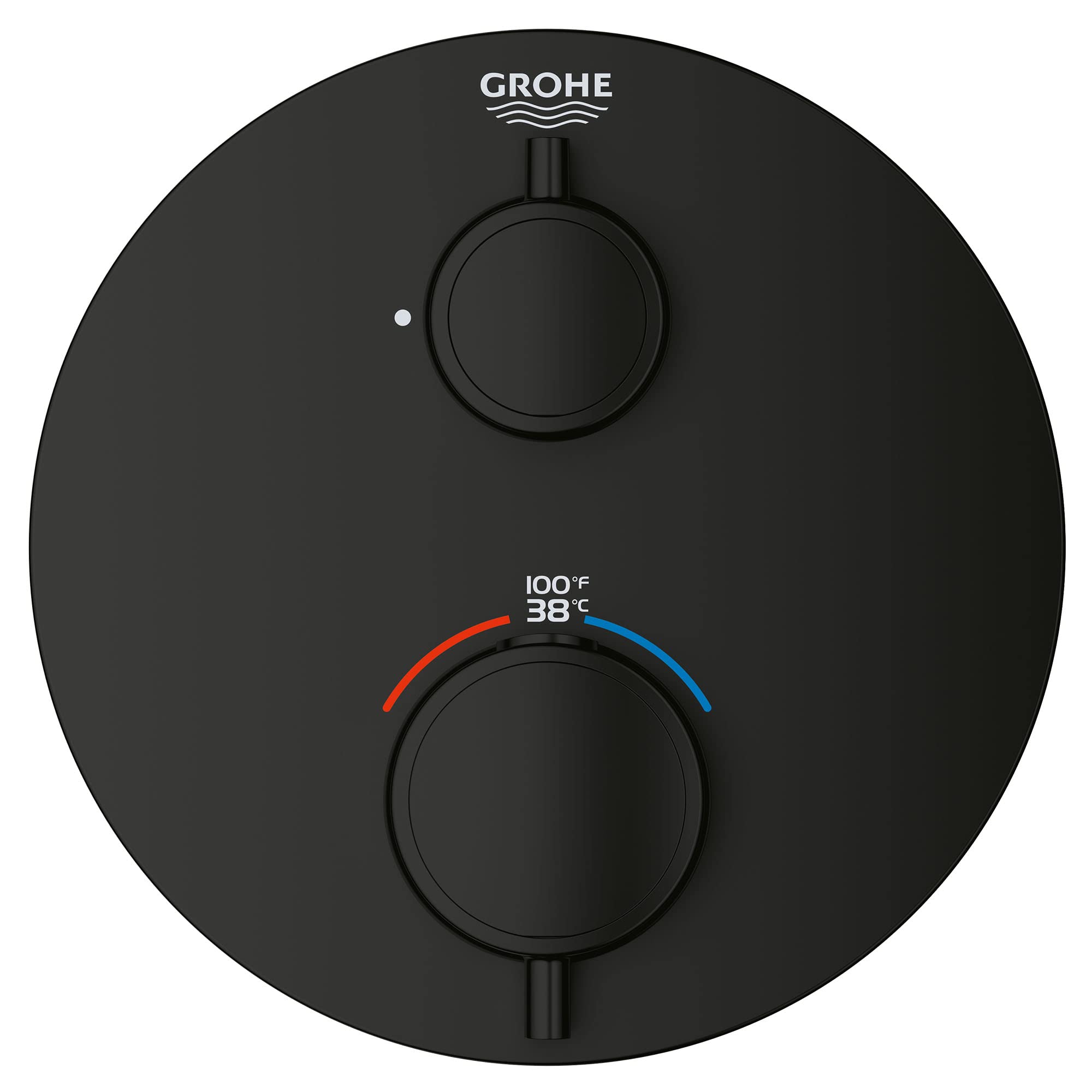 Matte black circular thermostatic valve trim with two round handles and temperature display showing 100°F and 38°C.