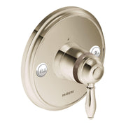 Polished nickel shower valve trim with round escutcheon, central lever handle, and hot/cold indicator buttons.