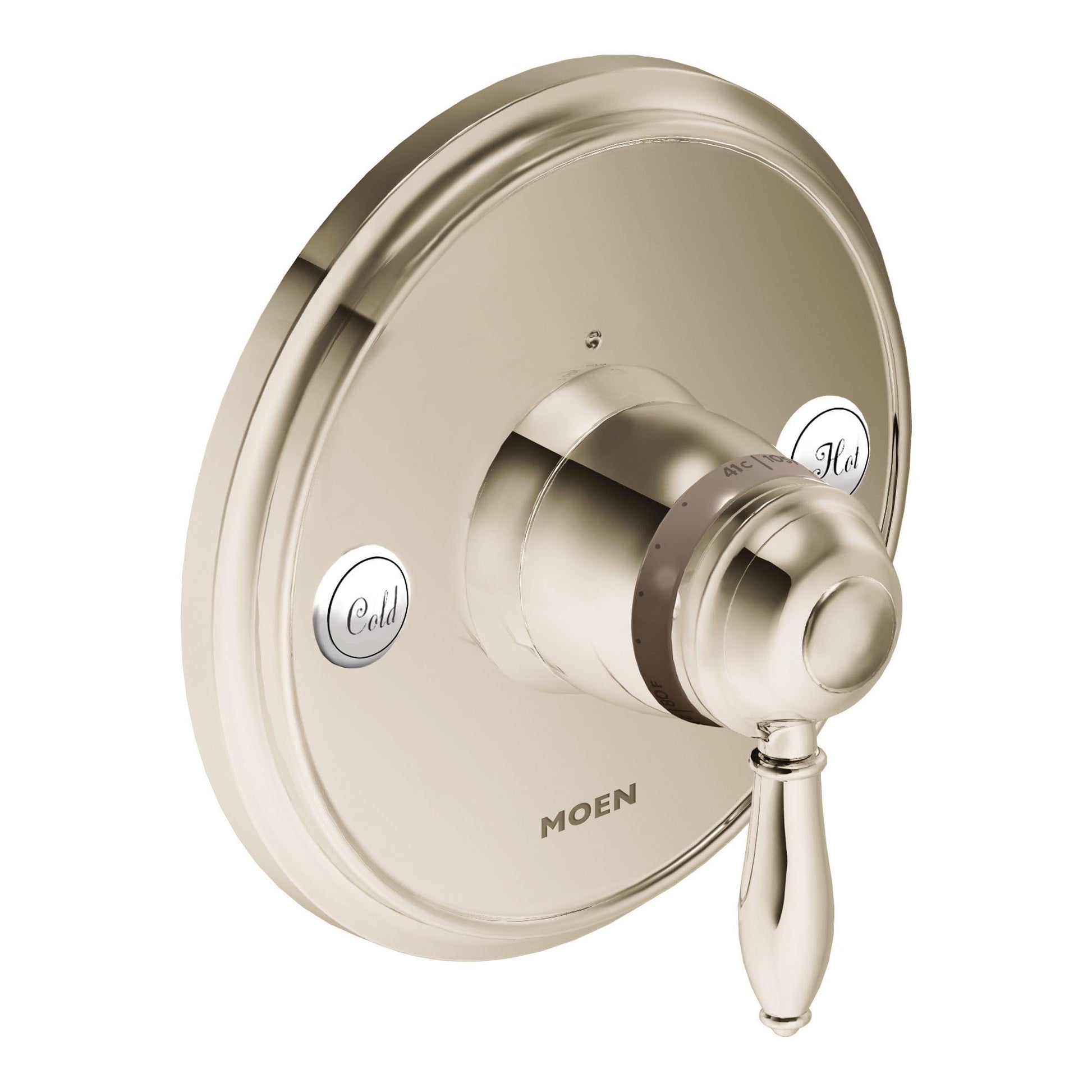 Polished nickel shower valve trim with round escutcheon, central lever handle, and hot/cold indicator buttons.