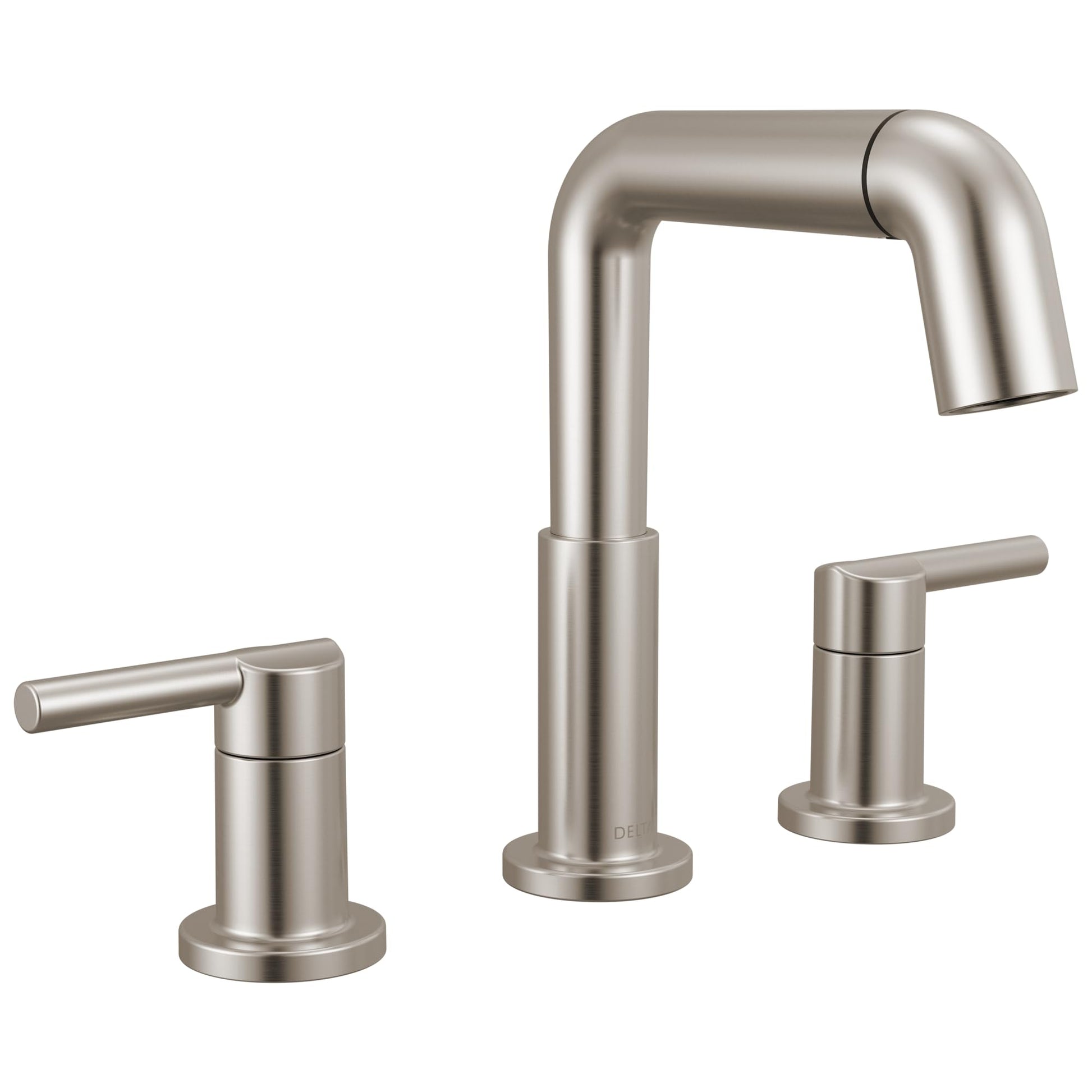 Stainless steel widespread bathroom faucet with two lever handles and a tall arched pull-down spout.