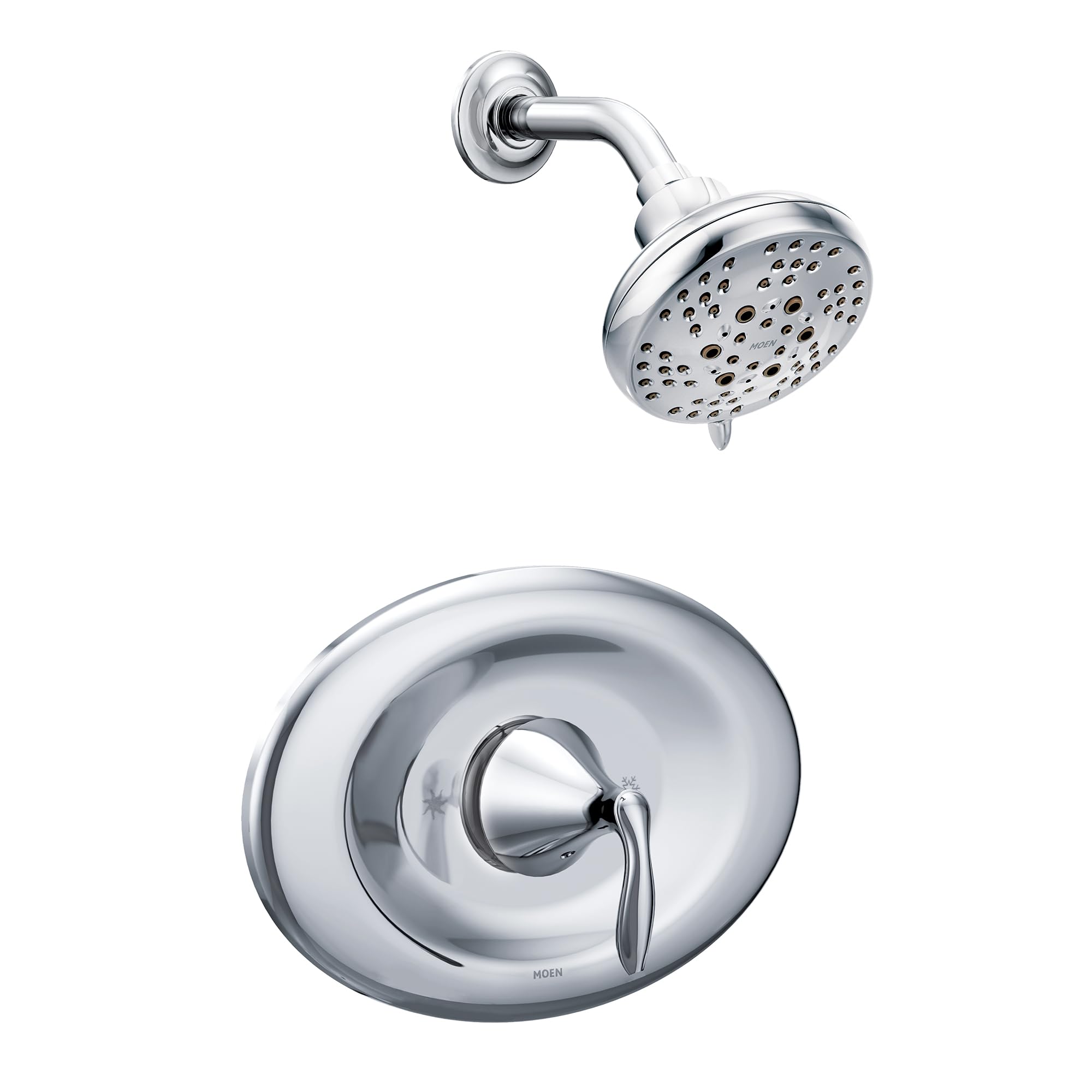 Chrome shower trim kit with round escutcheon plate, single lever handle, curved arm, and round showerhead with multiple spray