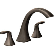 Bronze two-handle deck mount roman tub faucet with curved spout and lever handles.