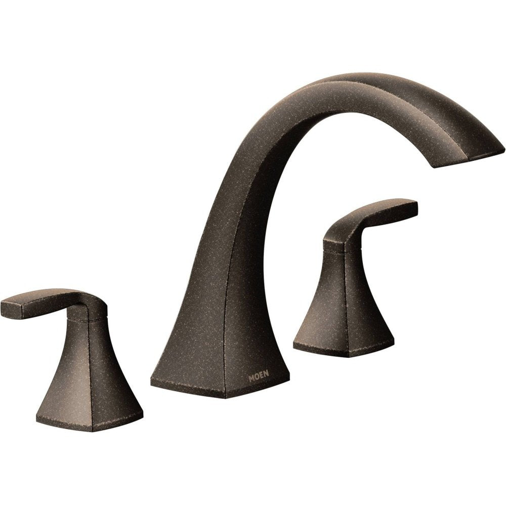 Bronze two-handle deck mount roman tub faucet with curved spout and lever handles.