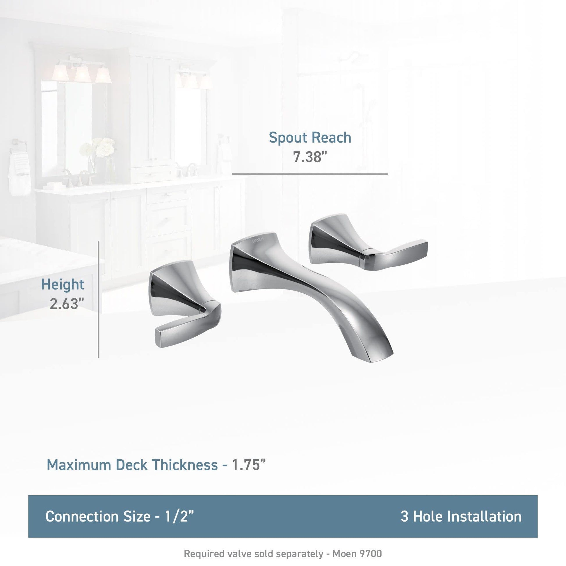Moen Voss two-handle wall mount bathroom faucet trim kit in brushed nickel with curved spout and lever handles.