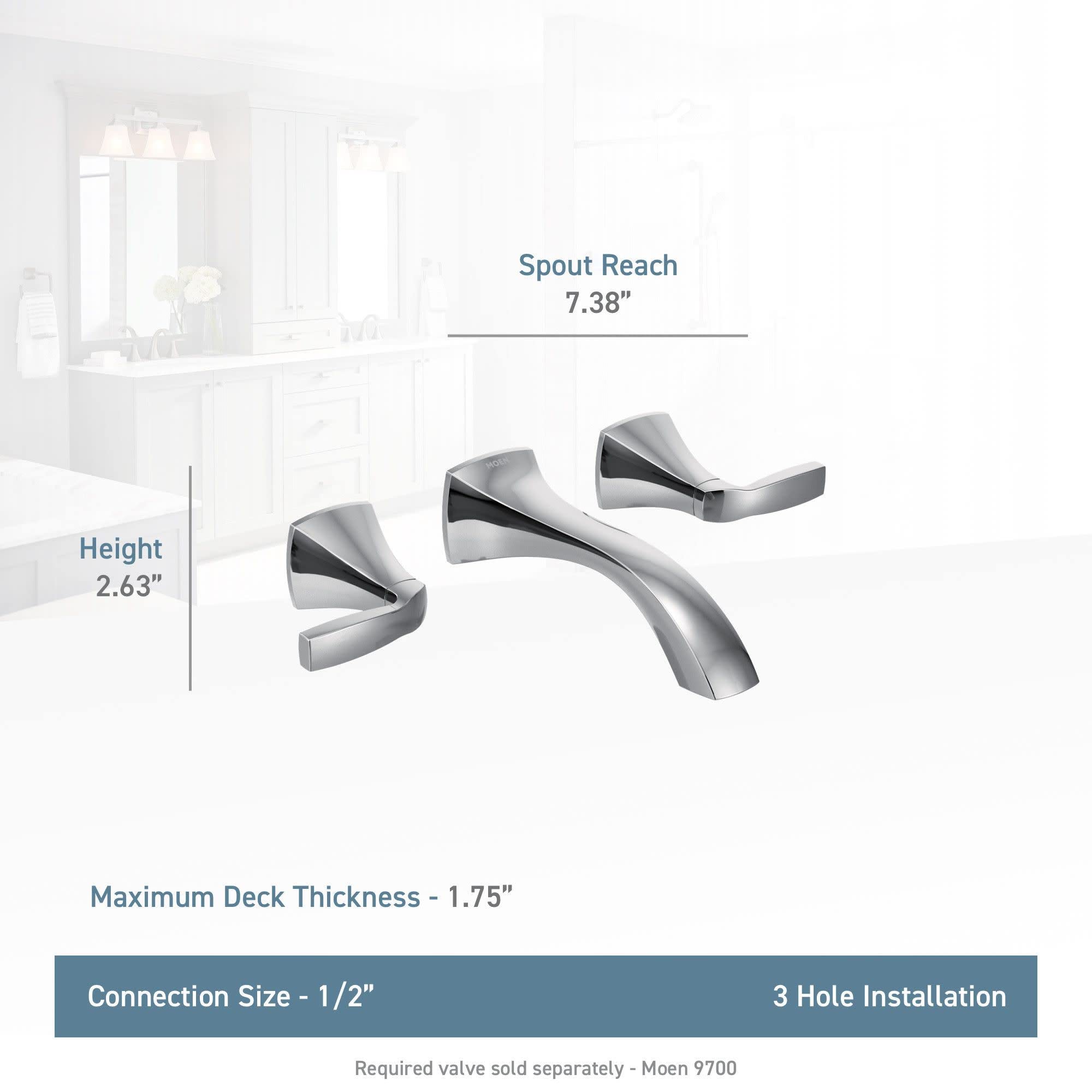 Chrome wall-mounted bathroom faucet trim with curved spout and two lever handles.