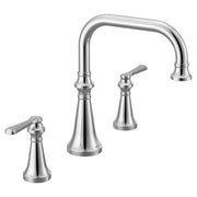 Chrome two-handle deck mount roman tub faucet with high-arc spout and lever handles.