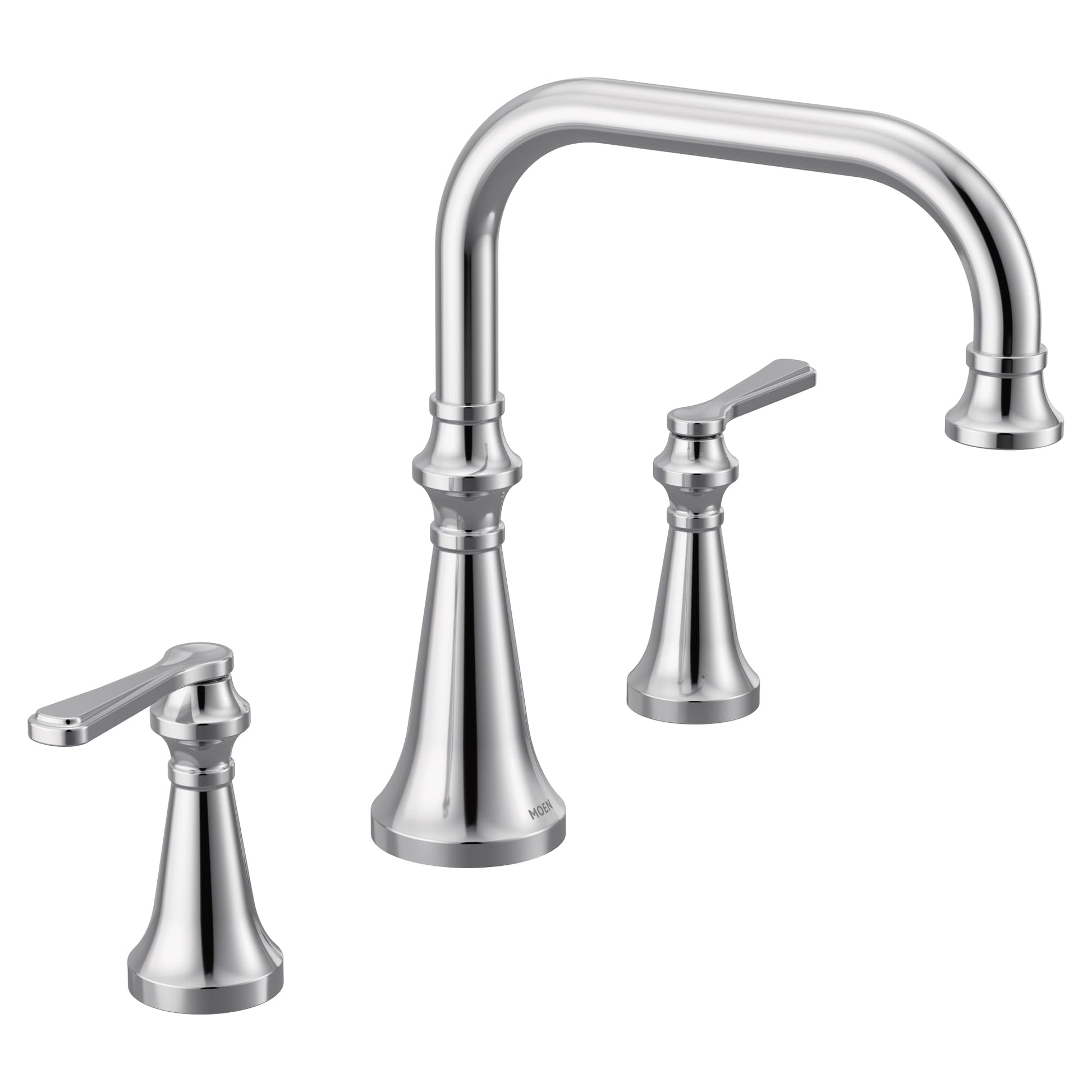Chrome two-handle deck mount roman tub faucet with high-arc spout and lever handles.