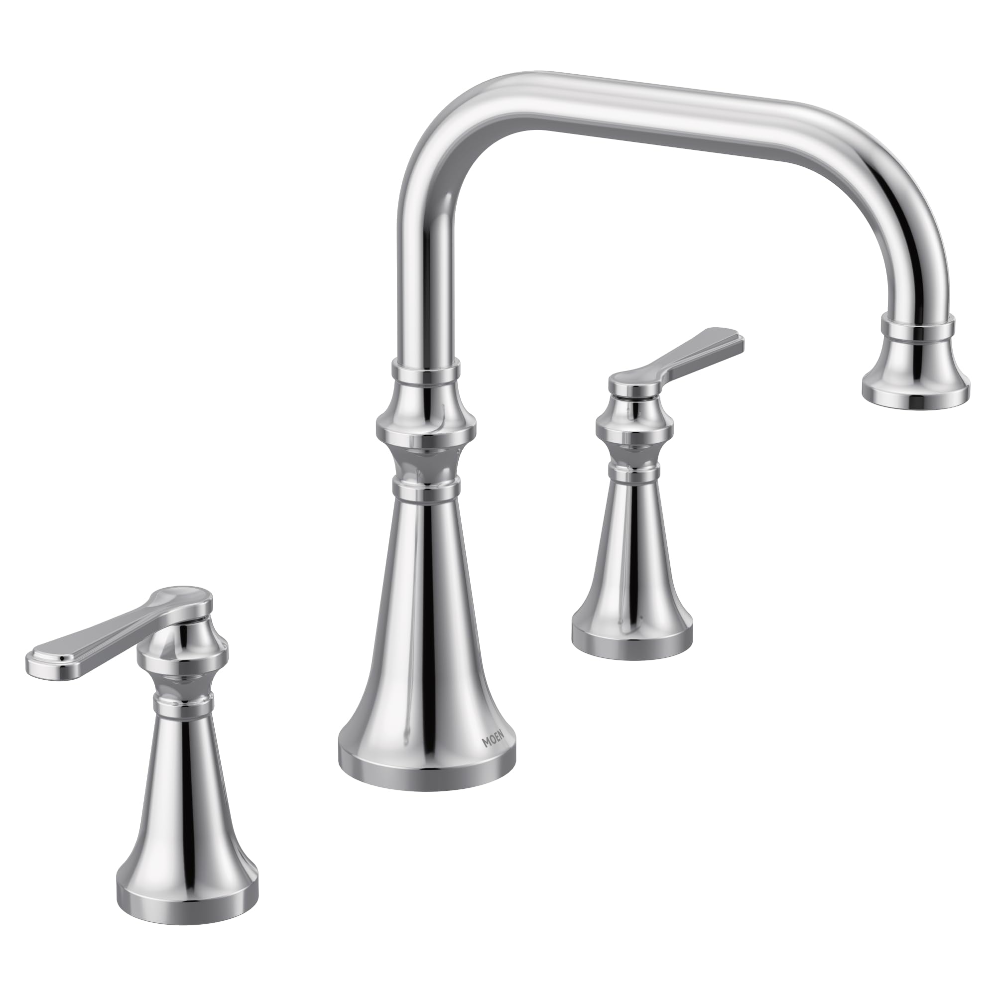 Chrome two-handle deck mount roman tub faucet with high-arc spout and lever handles.