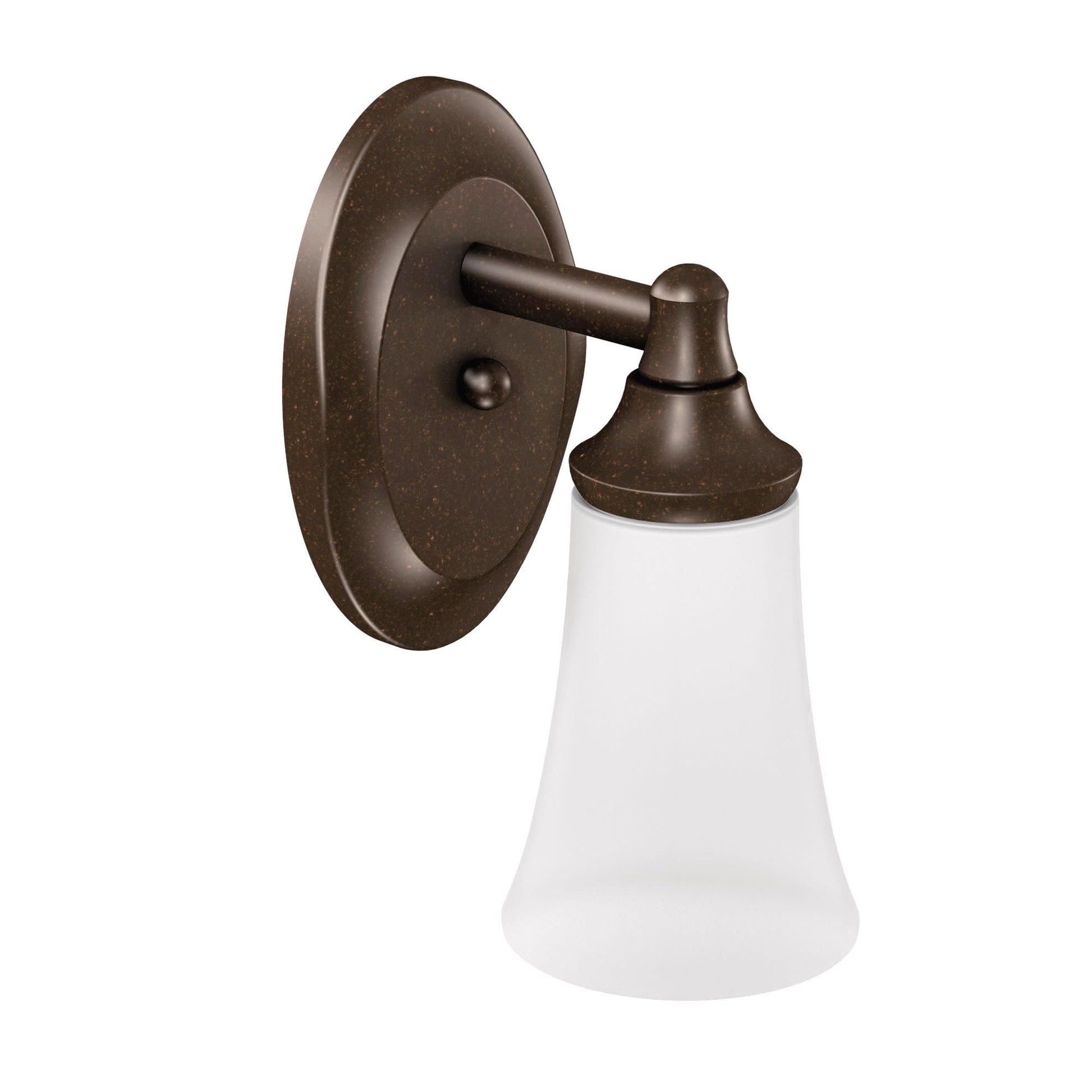 Oil-rubbed bronze wall-mounted bath light with frosted white glass shade and adjustable arm.