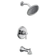 Chrome tub and shower trim kit with single handle valve, overhead showerhead, and curved spout.
