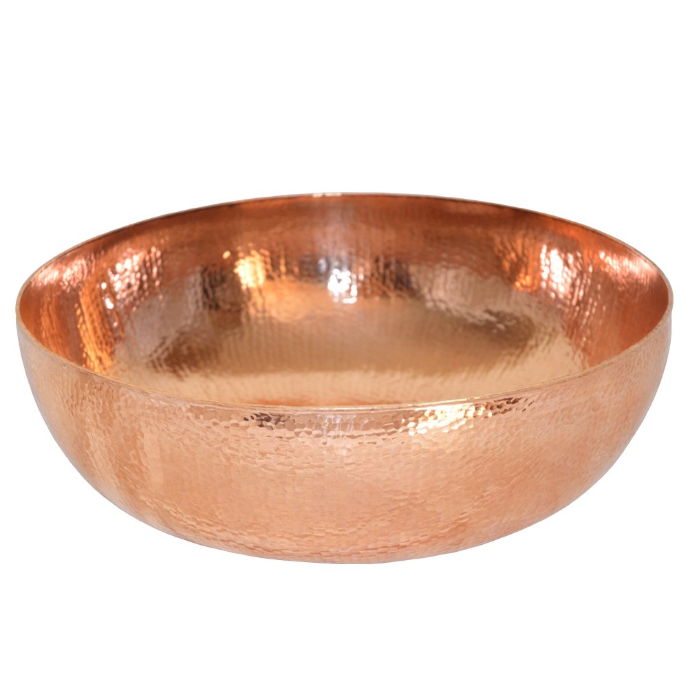 Polished copper round vessel sink with hammered texture and reflective surface.