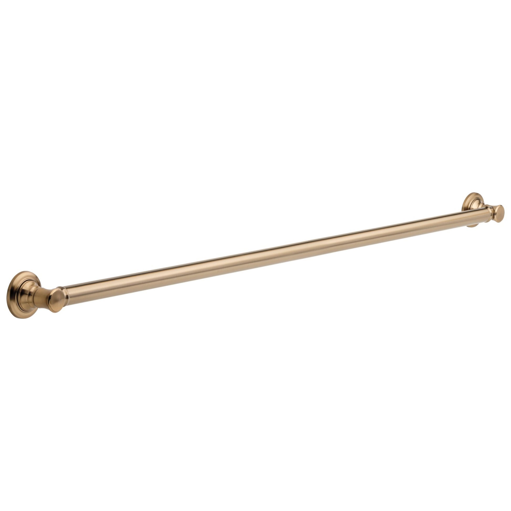 Brushed champagne bronze horizontal grab bar with decorative circular mounting flanges at each end.