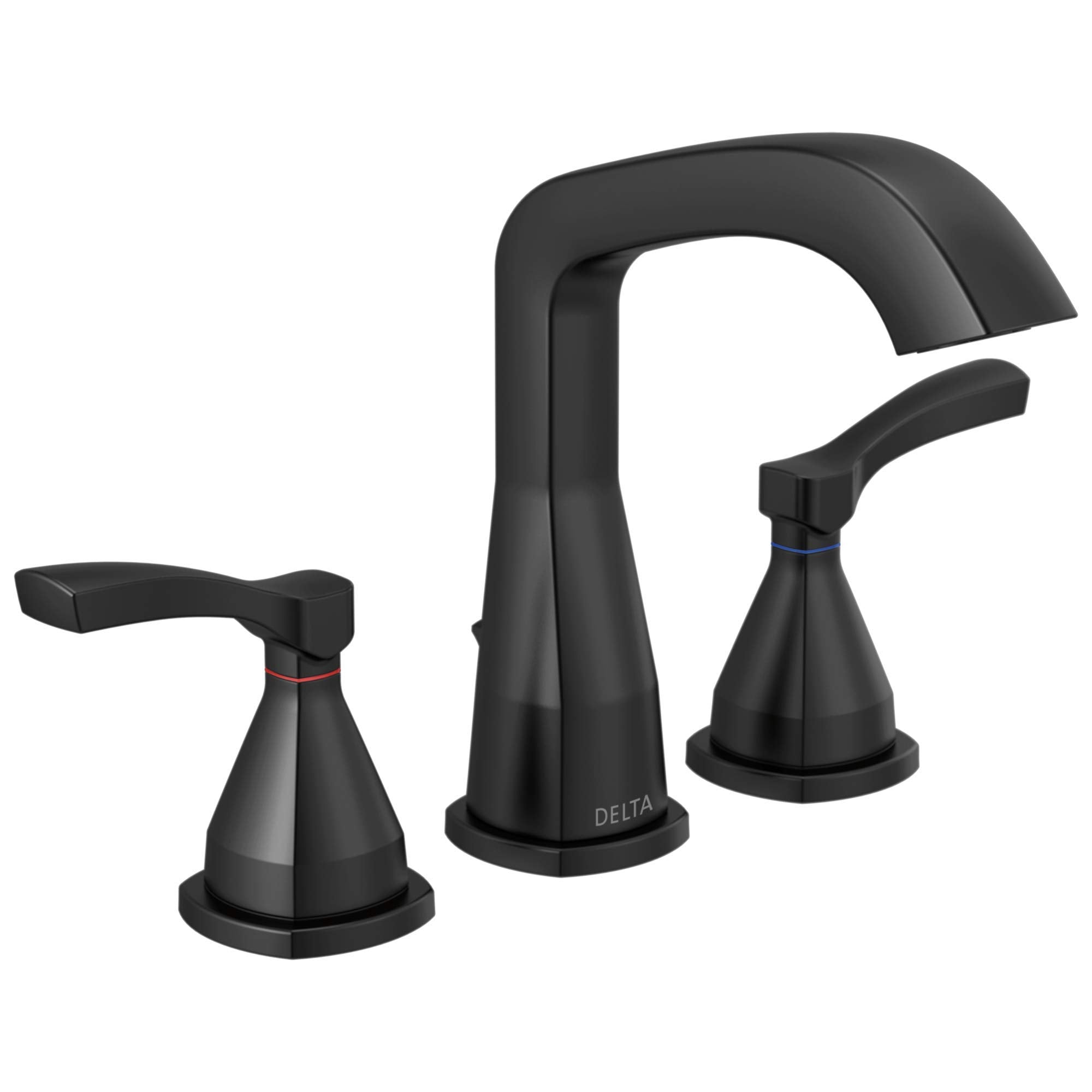 Black Delta Stryke widespread faucet with curved spout, lever handles, and pop-up drain.