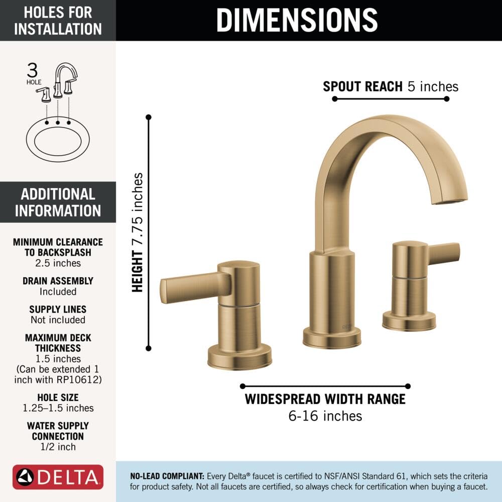 Champagne bronze widespread bathroom faucet with curved spout, two handles, and 7.75-inch height for three-hole sink installa
