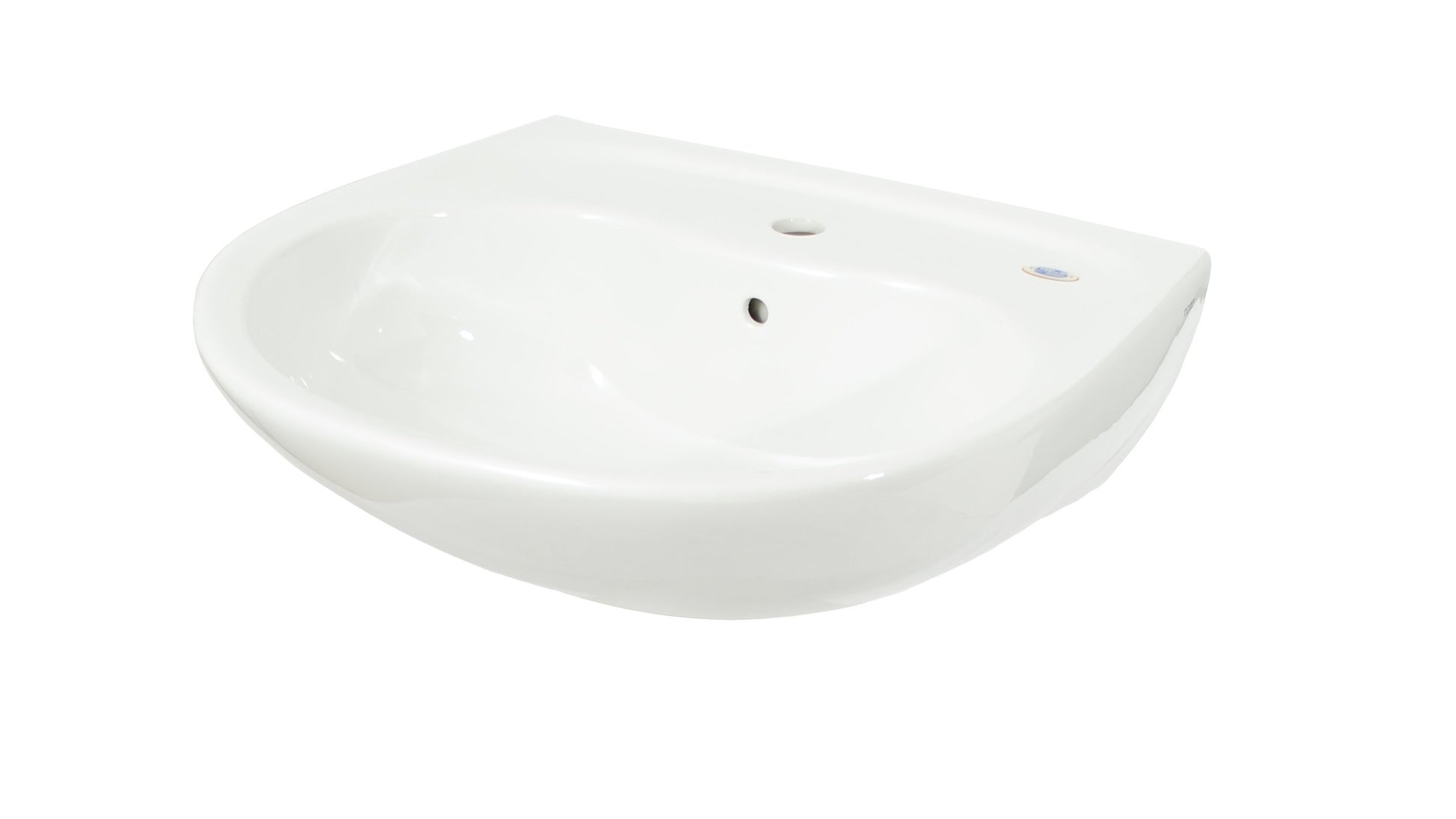 White oval ceramic bathroom sink basin with single faucet hole and overflow drainage.