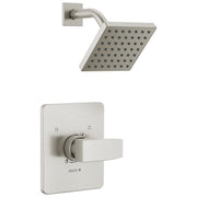 Brushed nickel square shower head with curved arm and matching single-lever valve trim with rectangular escutcheon plate.