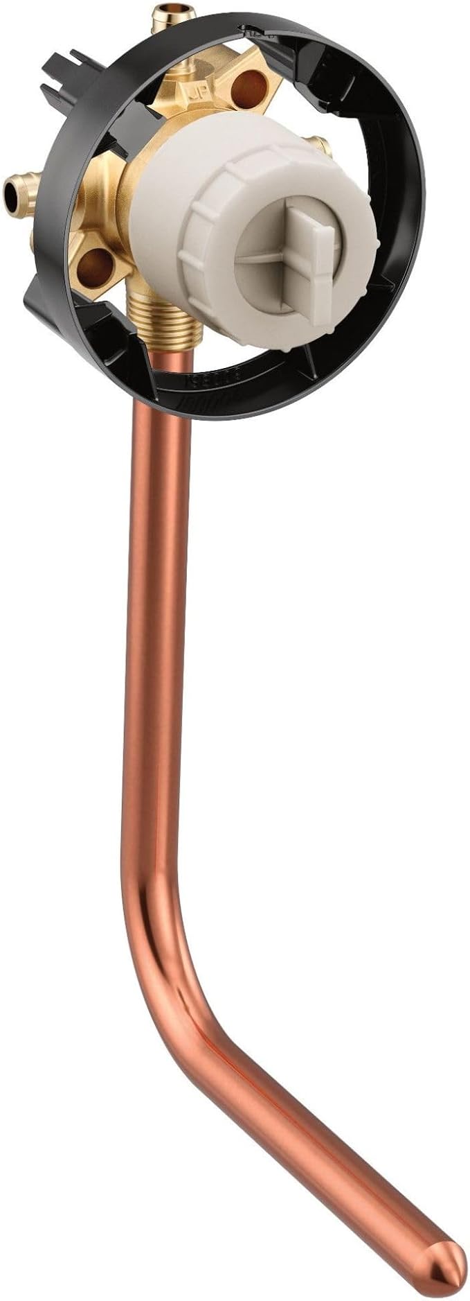 Brass and plastic plumbing valve adapter with copper tubing and black mounting ring, internal cross-shaped mechanism visible.