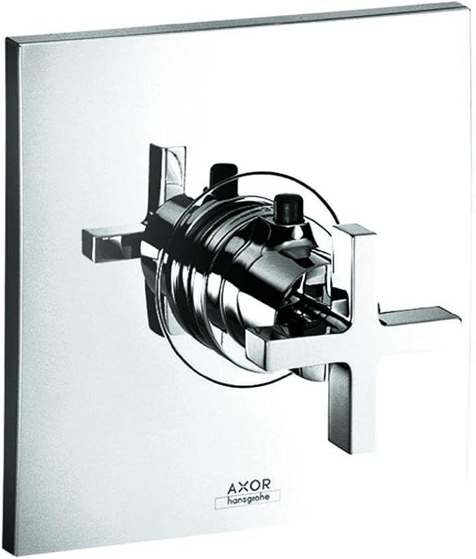 Chrome thermostatic shower trim with cross handles and circular escutcheon plate mounted on white background.