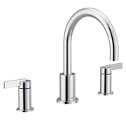 Chrome two-handle high arc deck mount roman tub faucet with lever handles and cylindrical spout.