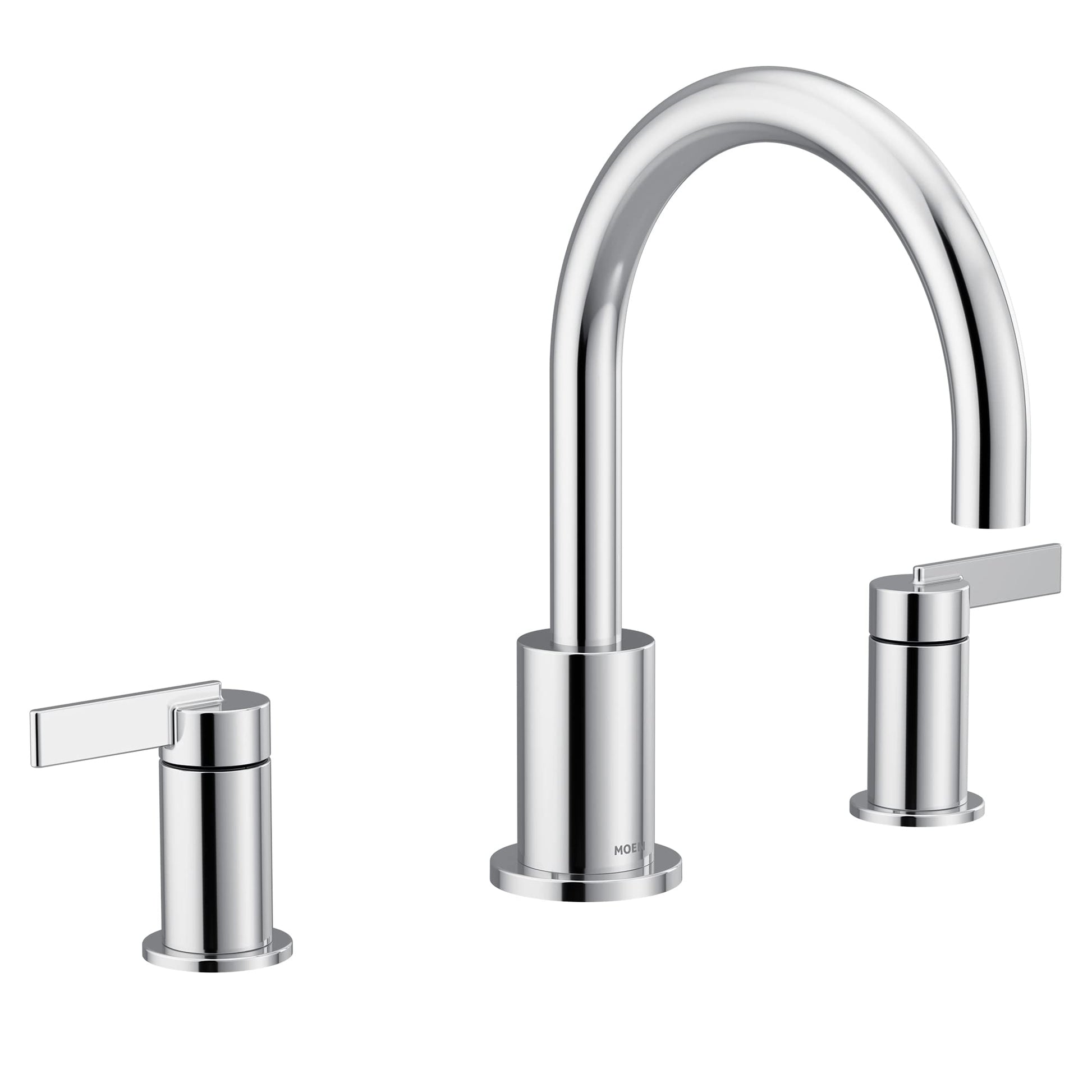 Chrome two-handle high arc deck mount roman tub faucet with lever handles and cylindrical spout.