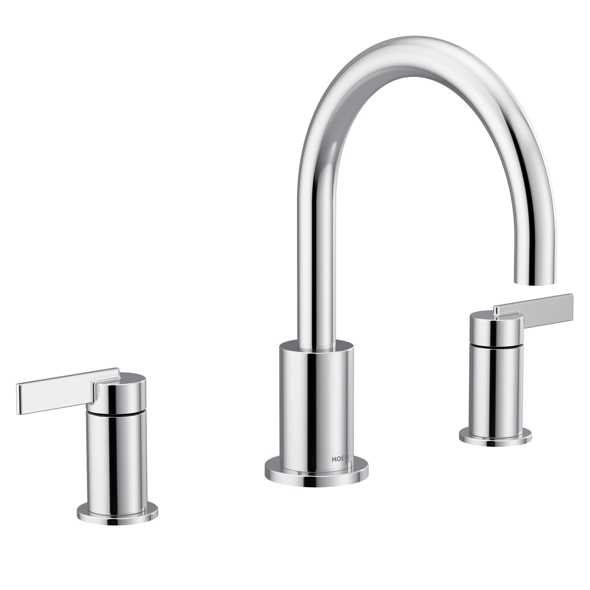 Chrome two-handle high arc deck mount roman tub faucet with lever handles and cylindrical spout.