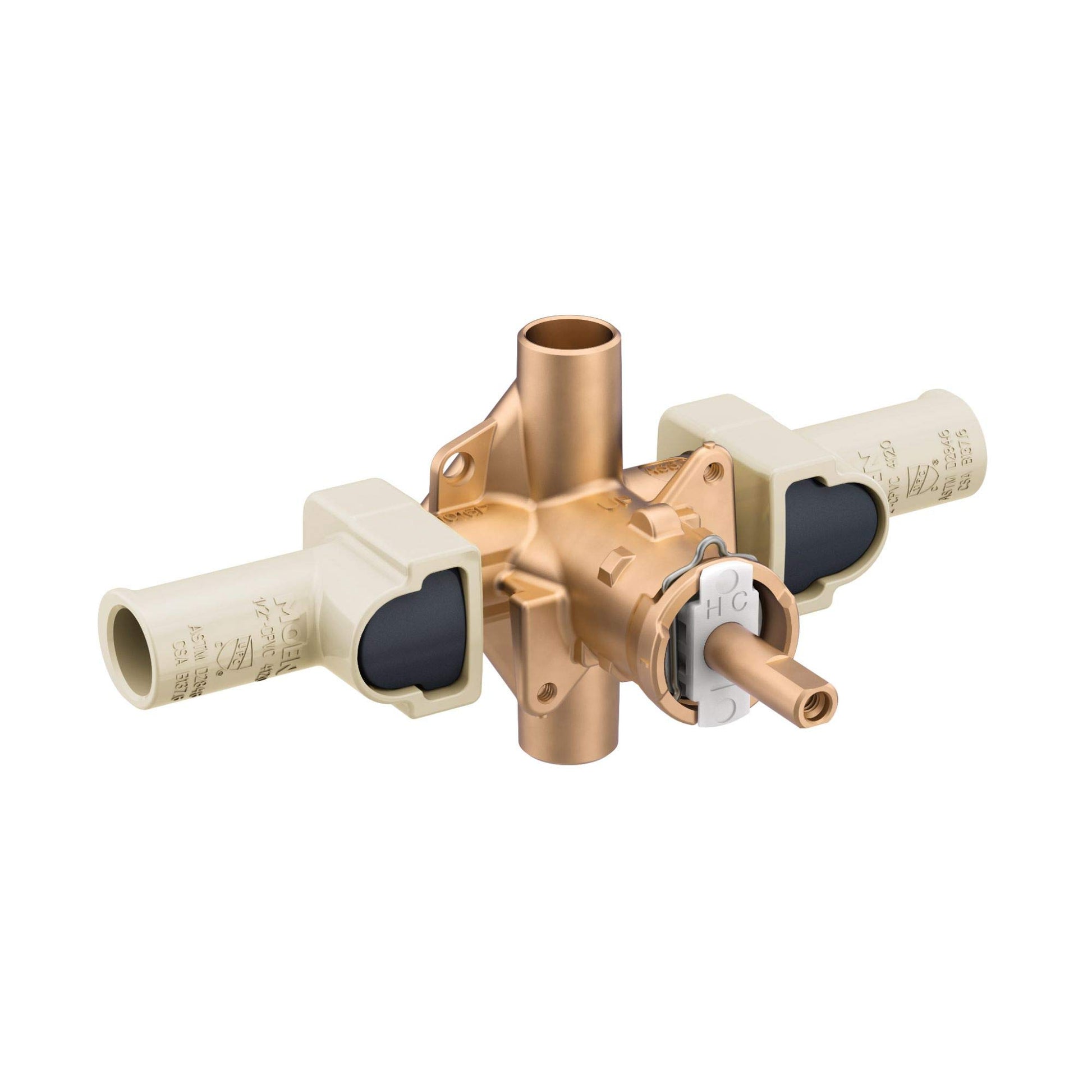 Brass Posi Temp valve with CPVC connections, black handles, and central outlet port.
