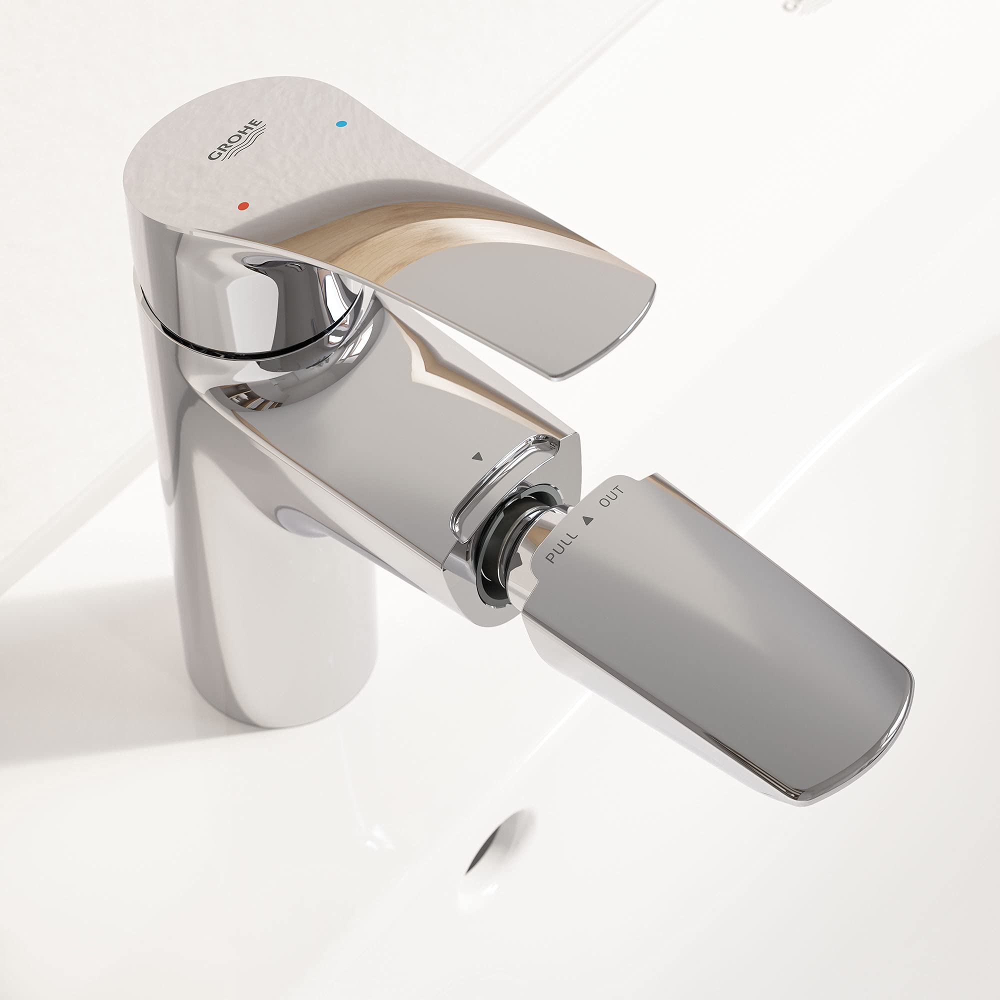 Chrome single-hole bathroom faucet with pull-out spout and single handle lever, temperature control indicators visible on top