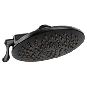 Matte black oval showerhead with multiple spray jets and adjustable handle, 8 inches diameter.