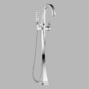 Chrome freestanding tub filler with curved spout, single handle, and handheld showerhead with hose.