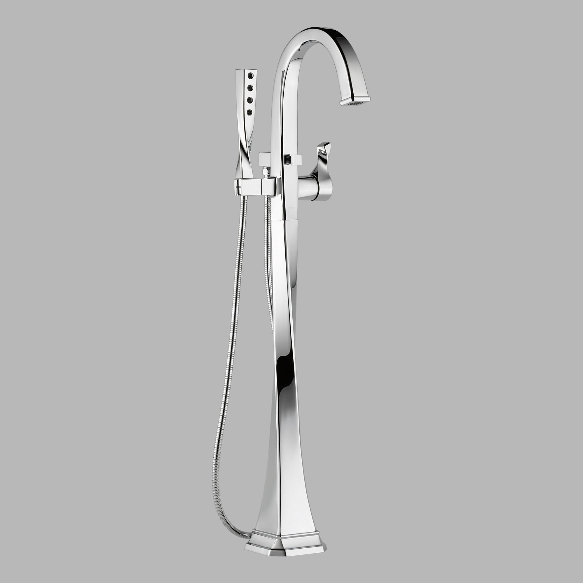 Chrome freestanding tub filler with curved spout, single handle, and handheld showerhead with hose.