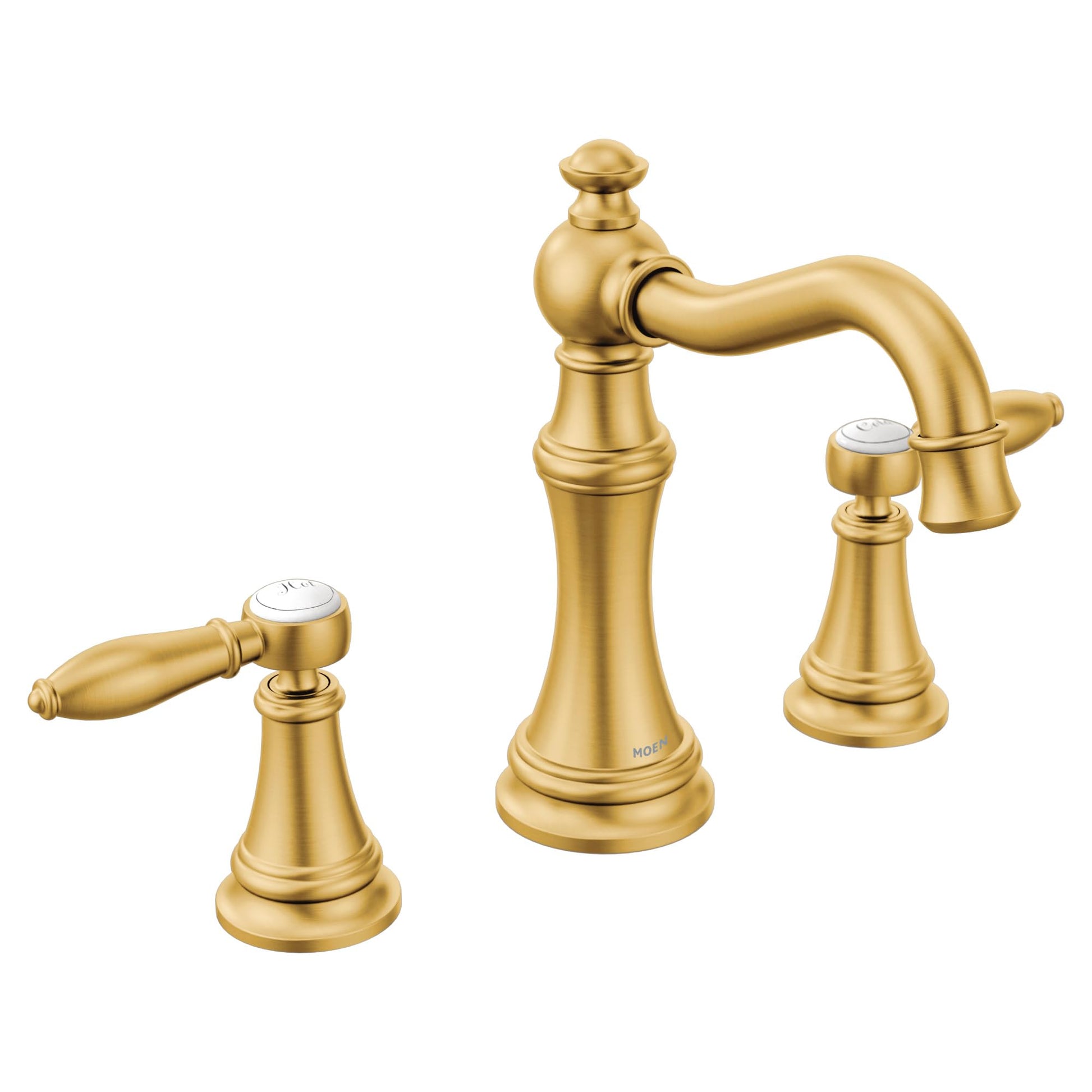 Brushed gold two-handle bathroom faucet trim kit with lever handles and curved spout.