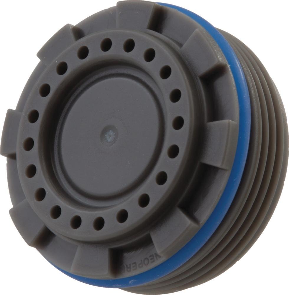 Delta Pilar RP70718 aerator with gray plastic body, blue stripe, and multiple perforations for water flow.