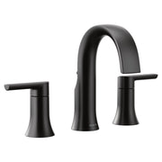 Matte black two-handle bathroom faucet with curved spout and lever handles, 8 inch widespread configuration.