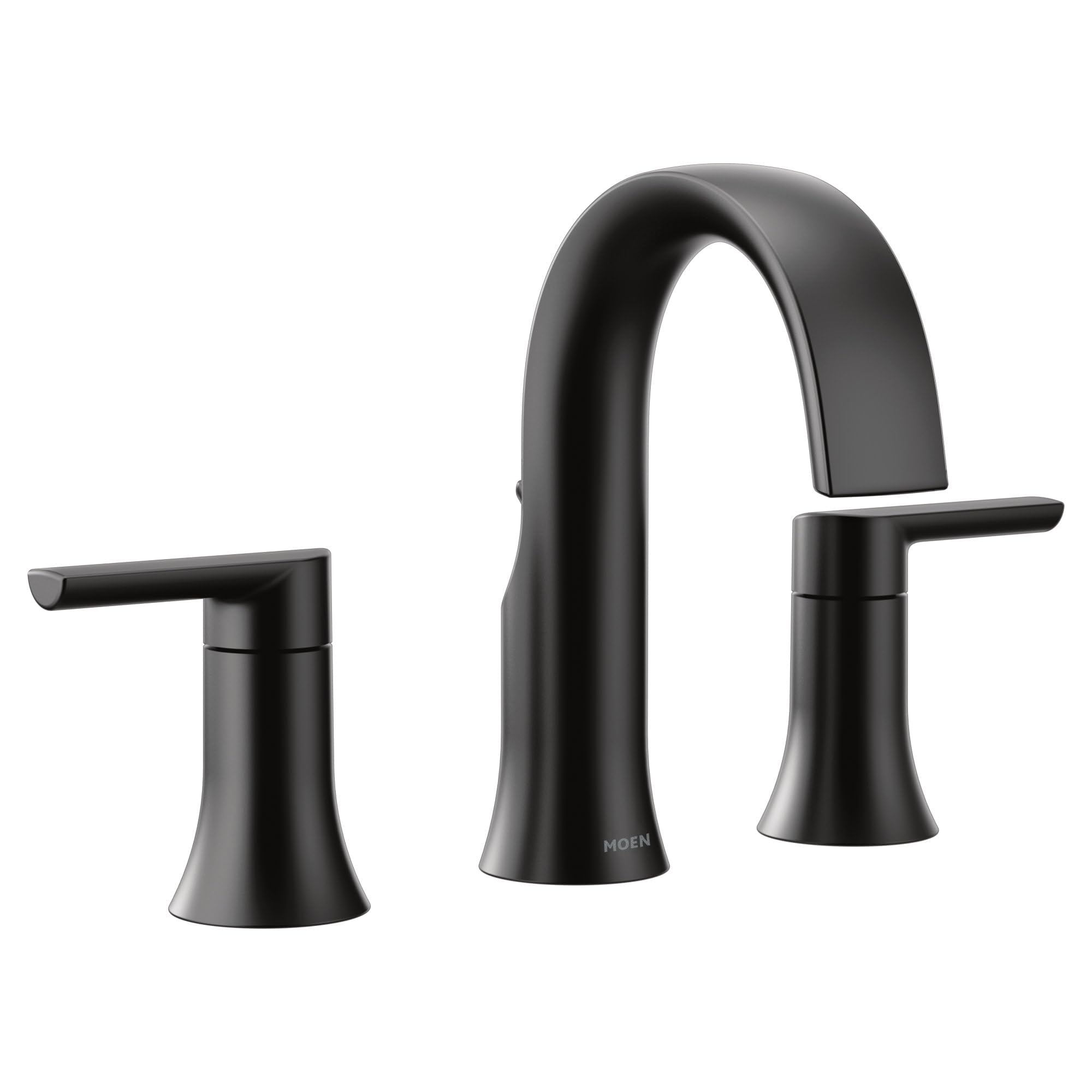 Matte black two-handle bathroom faucet with curved spout and lever handles, 8 inch widespread configuration.