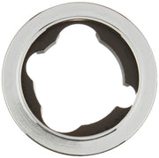 Chrome circular escutcheon with dark inner ring and open center cutout for plumbing valve installation.
