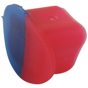 Red and blue molded plastic button with rounded edges and two-tone color design.