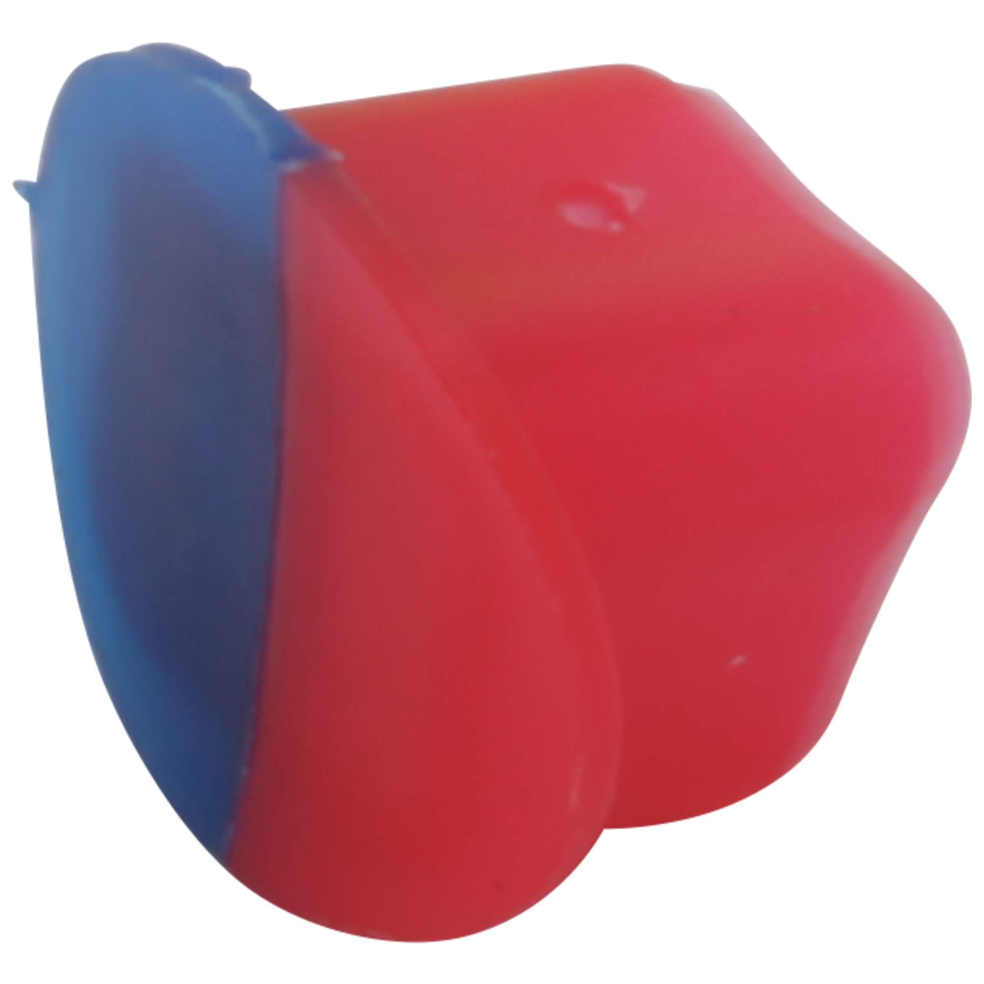 Red and blue molded plastic button with rounded edges and two-tone color design.