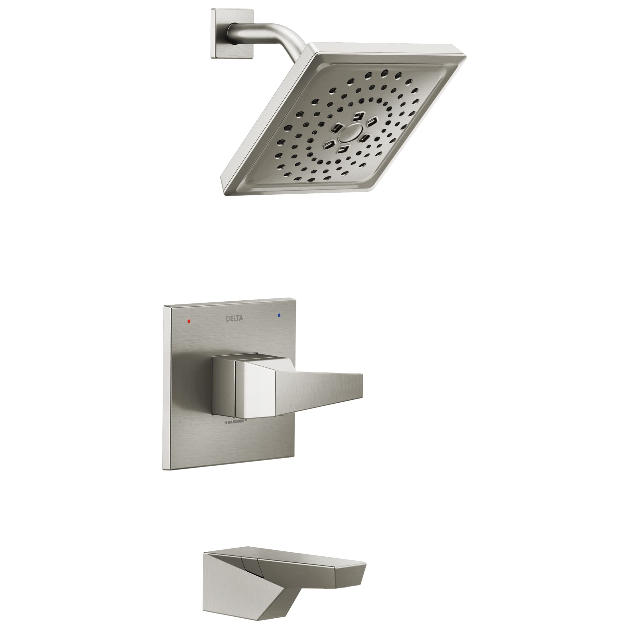 Brushed nickel tub and shower trim with square showerhead, single lever handle, and spout.