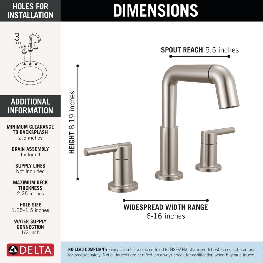 Stainless steel two-handle widespread bathroom faucet with pull-down spout, 8.19 inches tall, 5.5 inch reach.