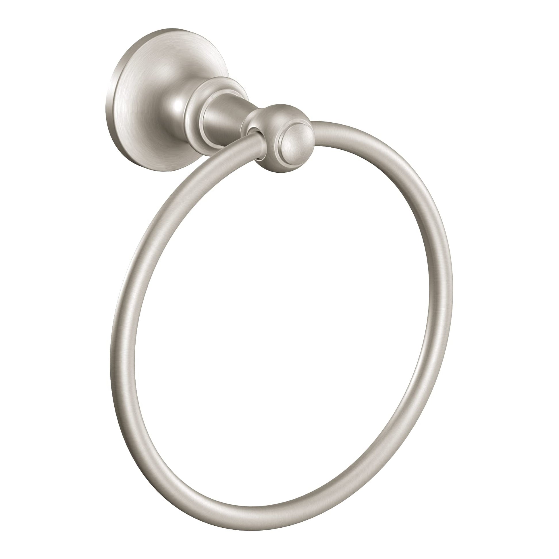 Brushed nickel wall-mounted circular towel ring with decorative mounting bracket and finial.